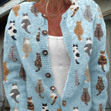 Women's Cat Print Button-Front Knit Cardigan