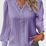 Pleated V-Neck Long Sleeve Blouse