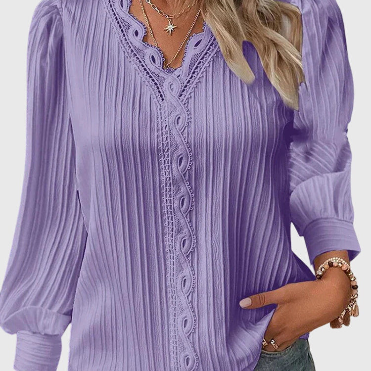 Pleated V-Neck Long Sleeve Blouse