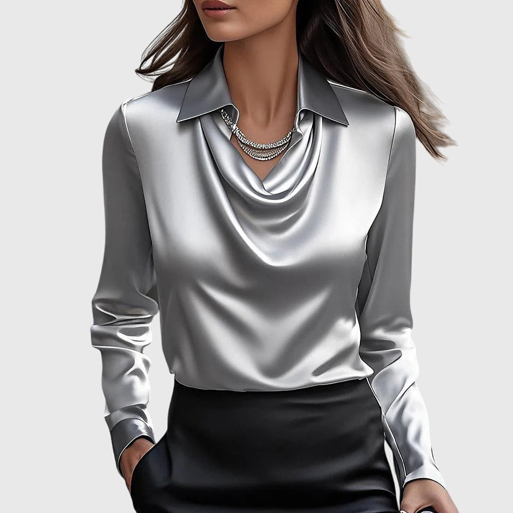 Cowl Neck Satin Long Sleeve Blouse
