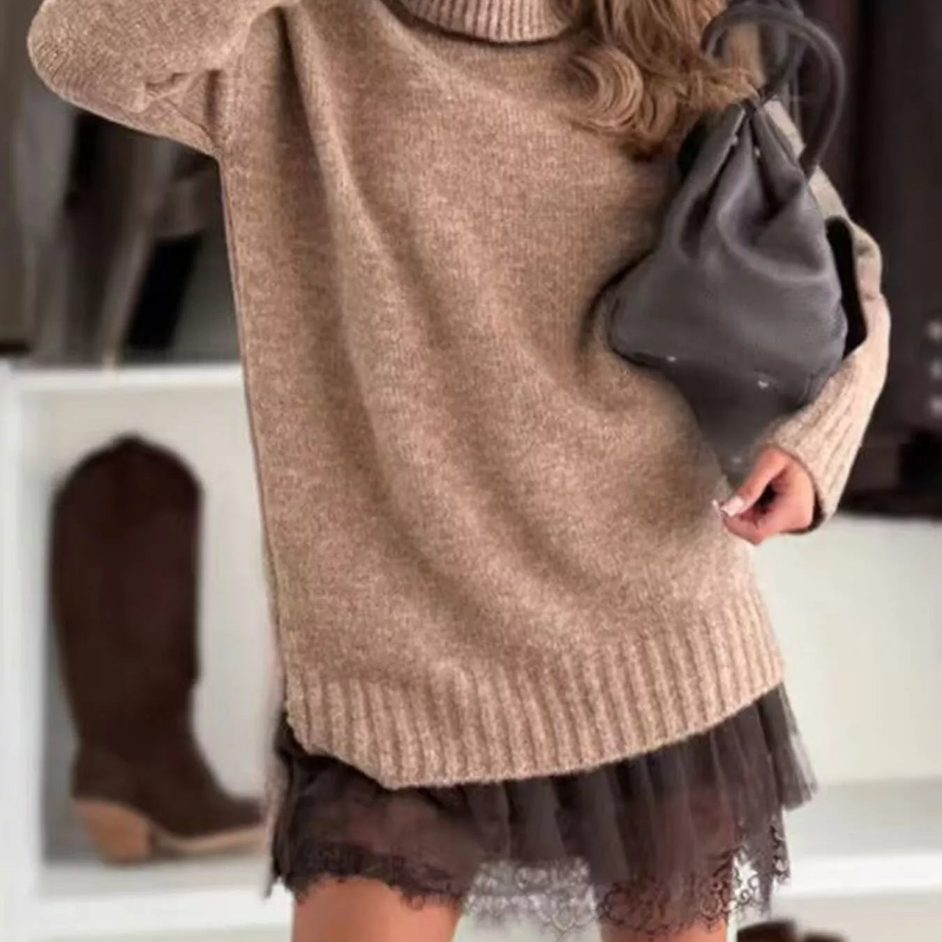 Women's Turtleneck Knit Sweater Dress with Lace Hem
