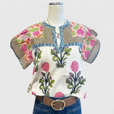 Botanical Print Embroidered V-Neck Blouse