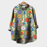 Artistic Print Oversized Button Front Blouse