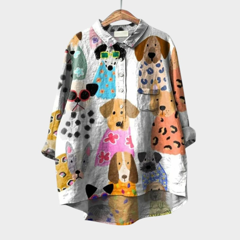 Artistic Print Oversized Button Front Blouse