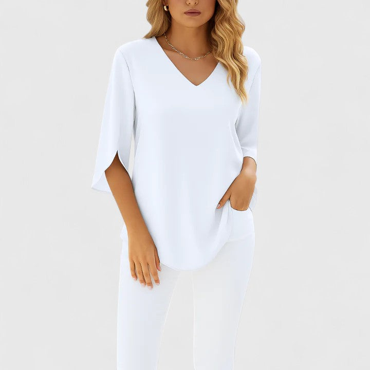 Relaxed V-Neck High-Low Tunic Blouse