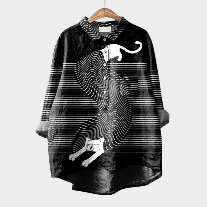 Artistic Print Oversized Button Front Blouse