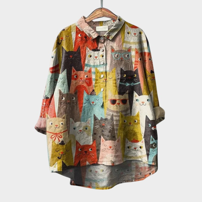 Artistic Print Oversized Button Front Blouse