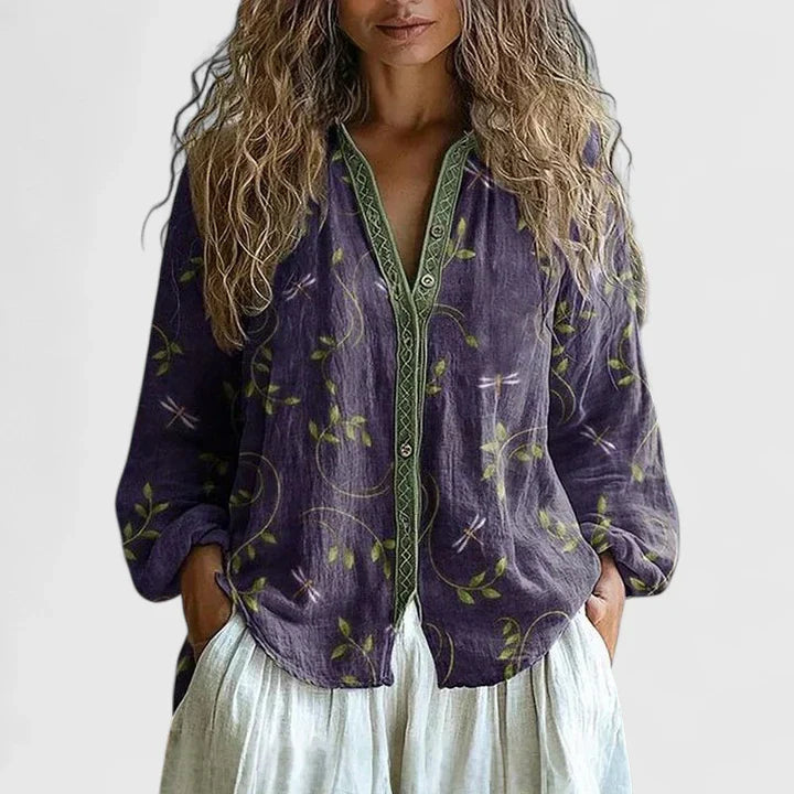 Bohemian Botanical Print Zip Front Blouse