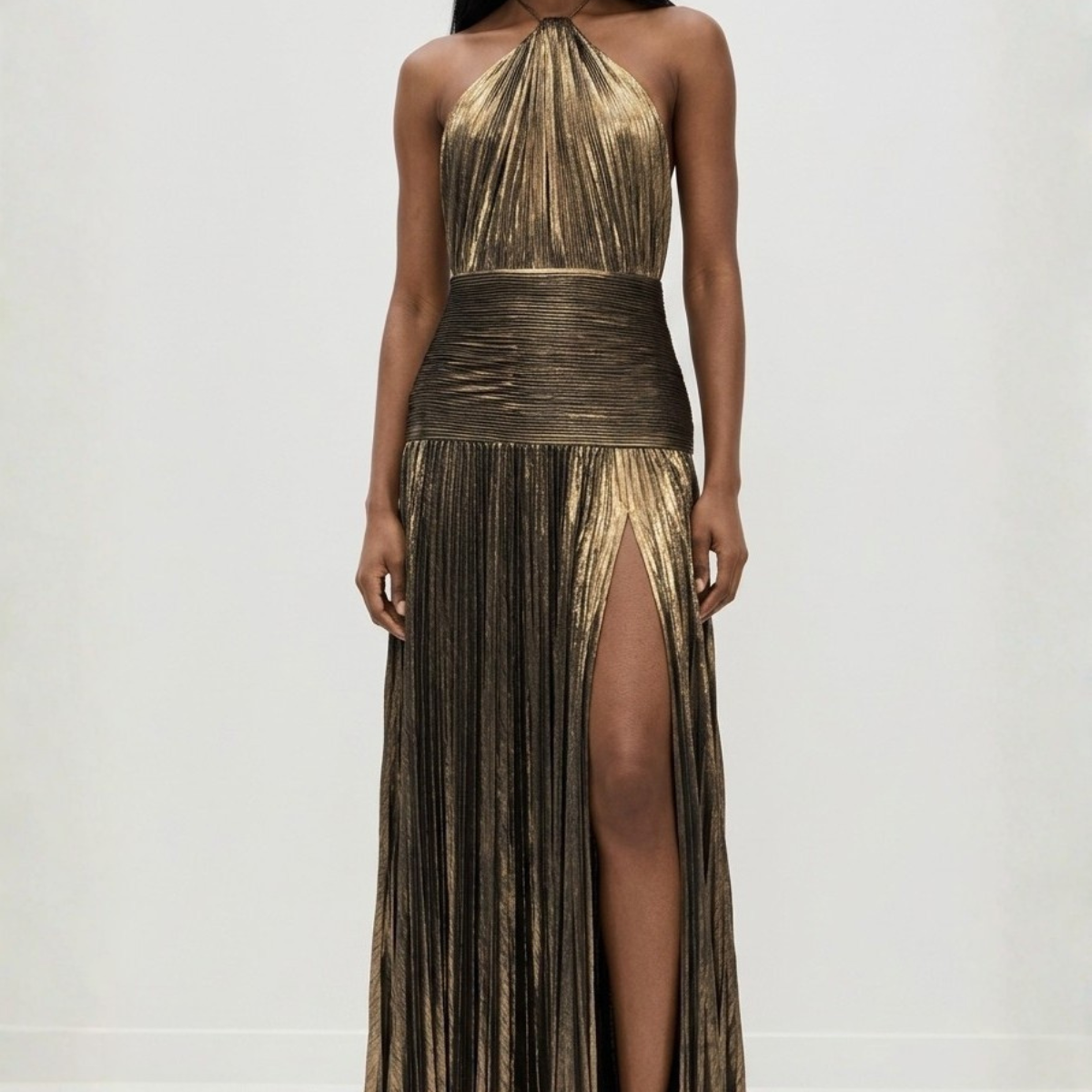 Pleated Halter High Slit Maxi Dress