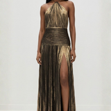 Pleated Halter High Slit Maxi Dress