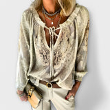 Lace Trim V-Neck Long Sleeve Blouse