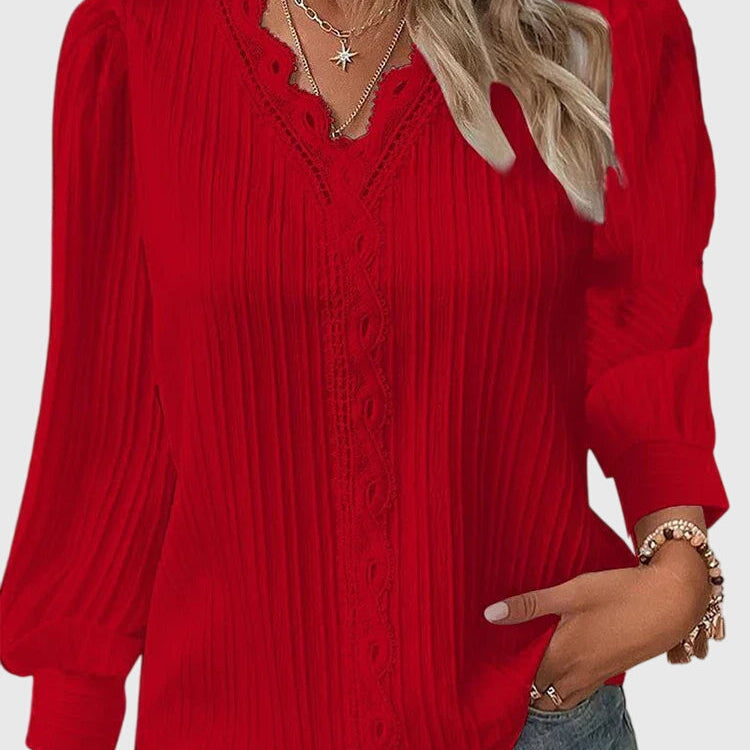 Pleated V-Neck Long Sleeve Blouse