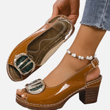 Women's Glossy Ankle Strap Cushioned Block Heels