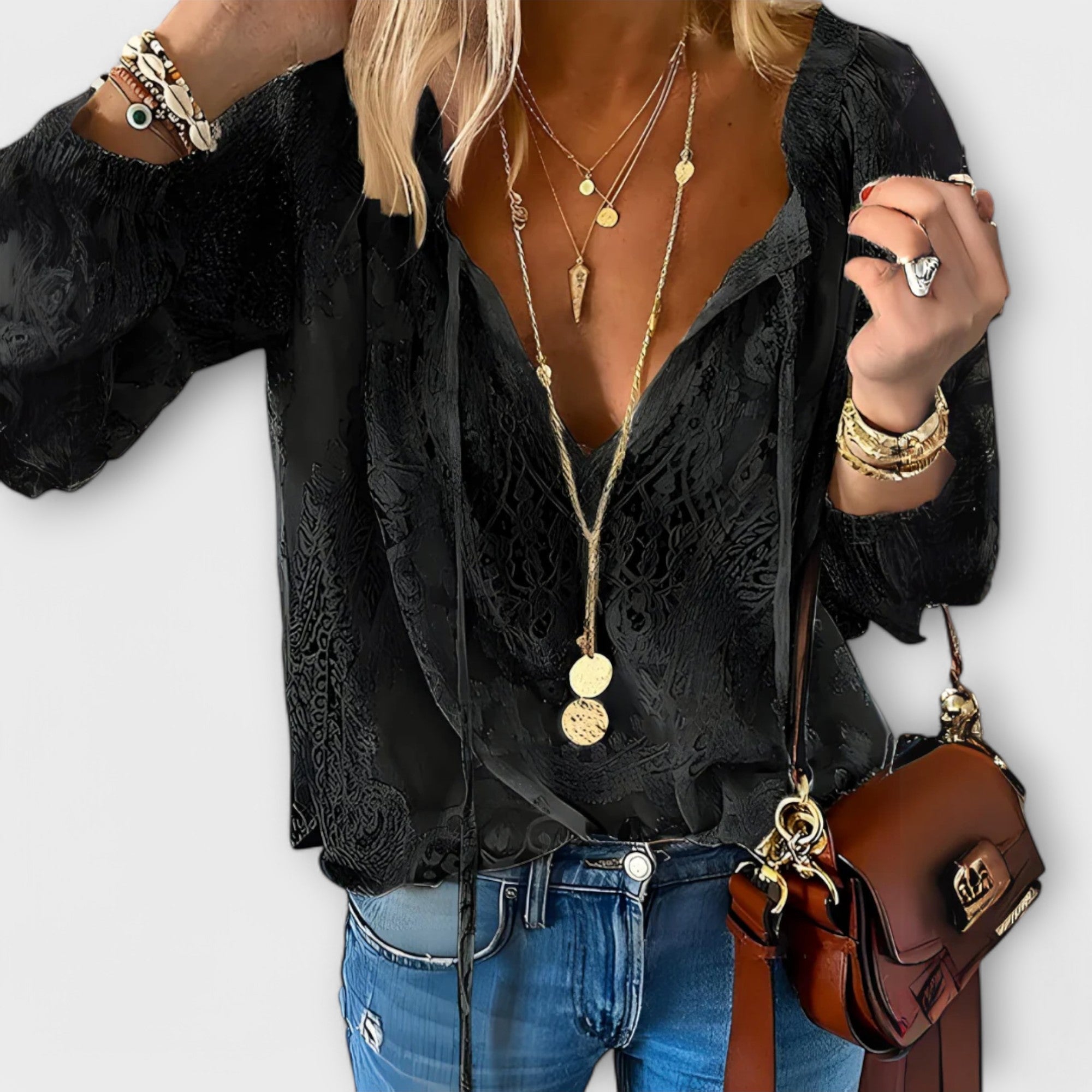 Lace Trim V-Neck Long Sleeve Blouse