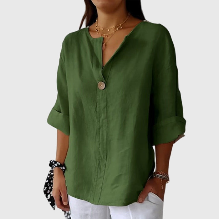 Relaxed V-Neck Linen Blend Blouse