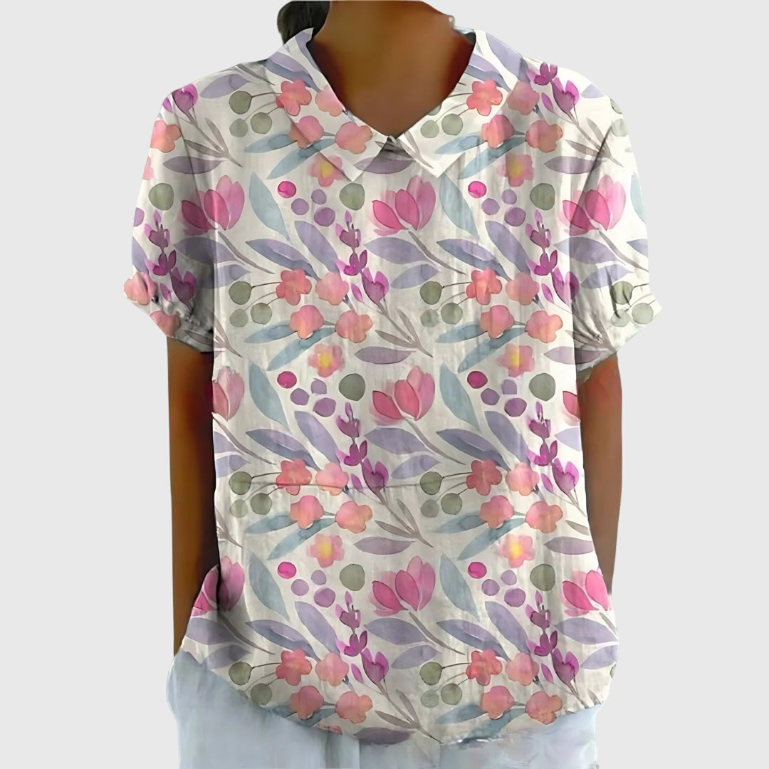 Floral Print V-Neck Short Sleeve Blouse