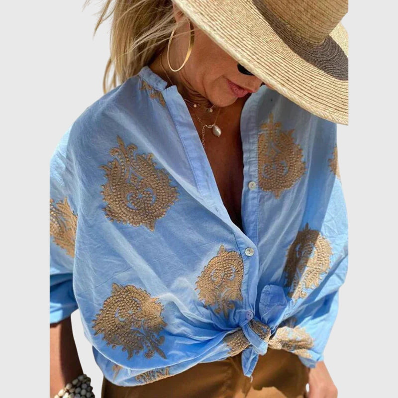 Botanical Print Collared Button Front Blouse