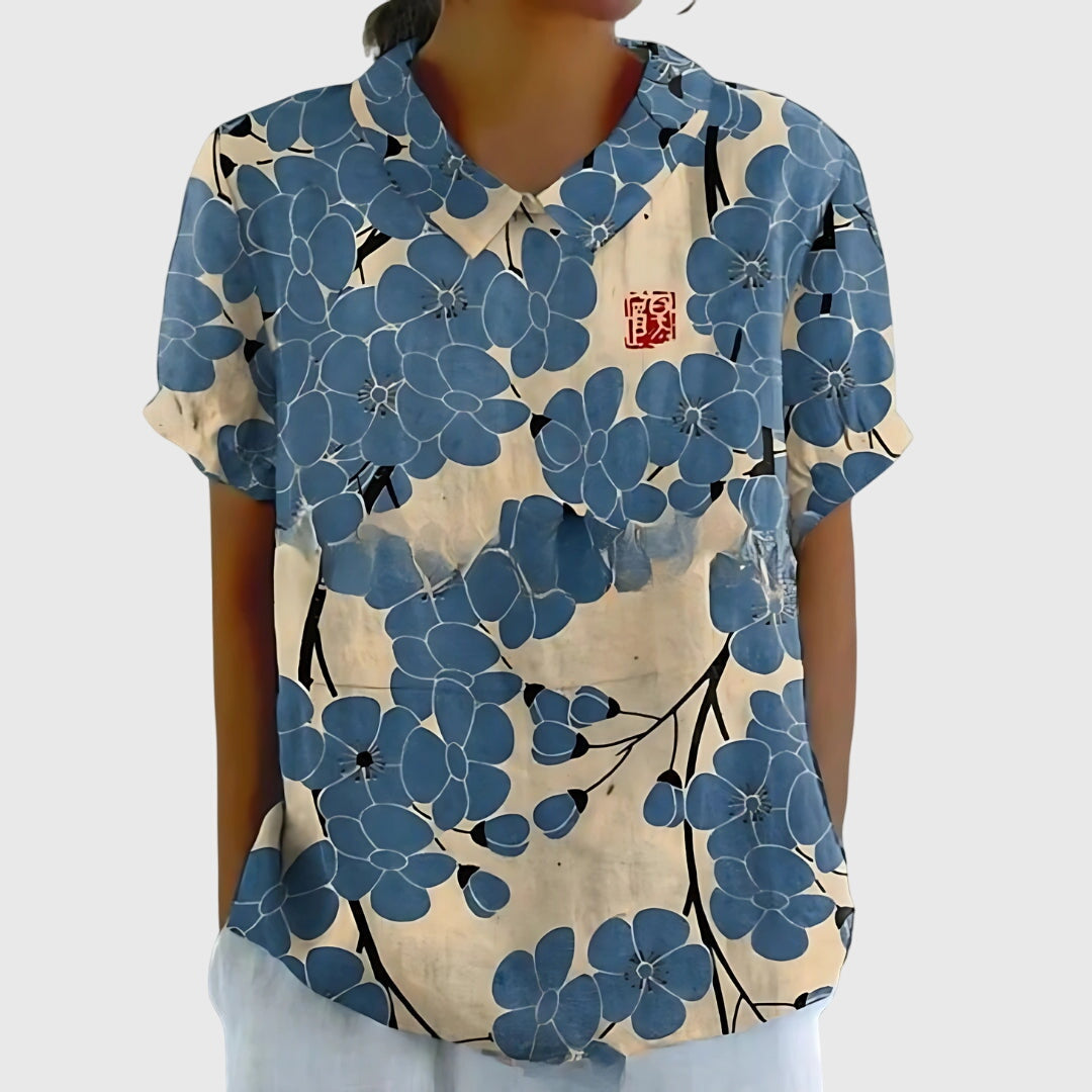 Floral Print V-Neck Short Sleeve Blouse