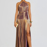 Pleated Halter High Slit Maxi Dress