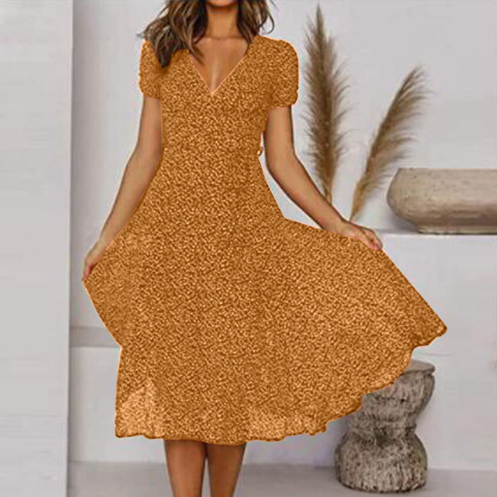 Printed V-Neck Midi Dress