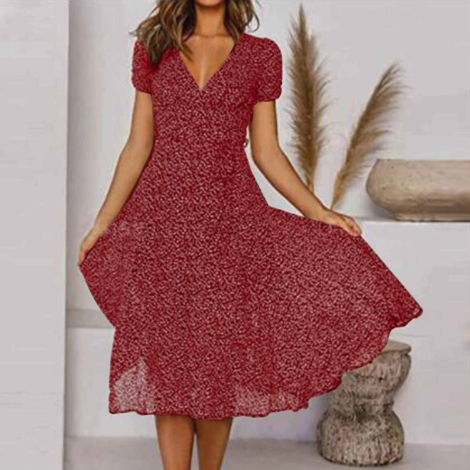 Printed V-Neck Midi Dress