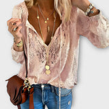 Lace Trim V-Neck Long Sleeve Blouse