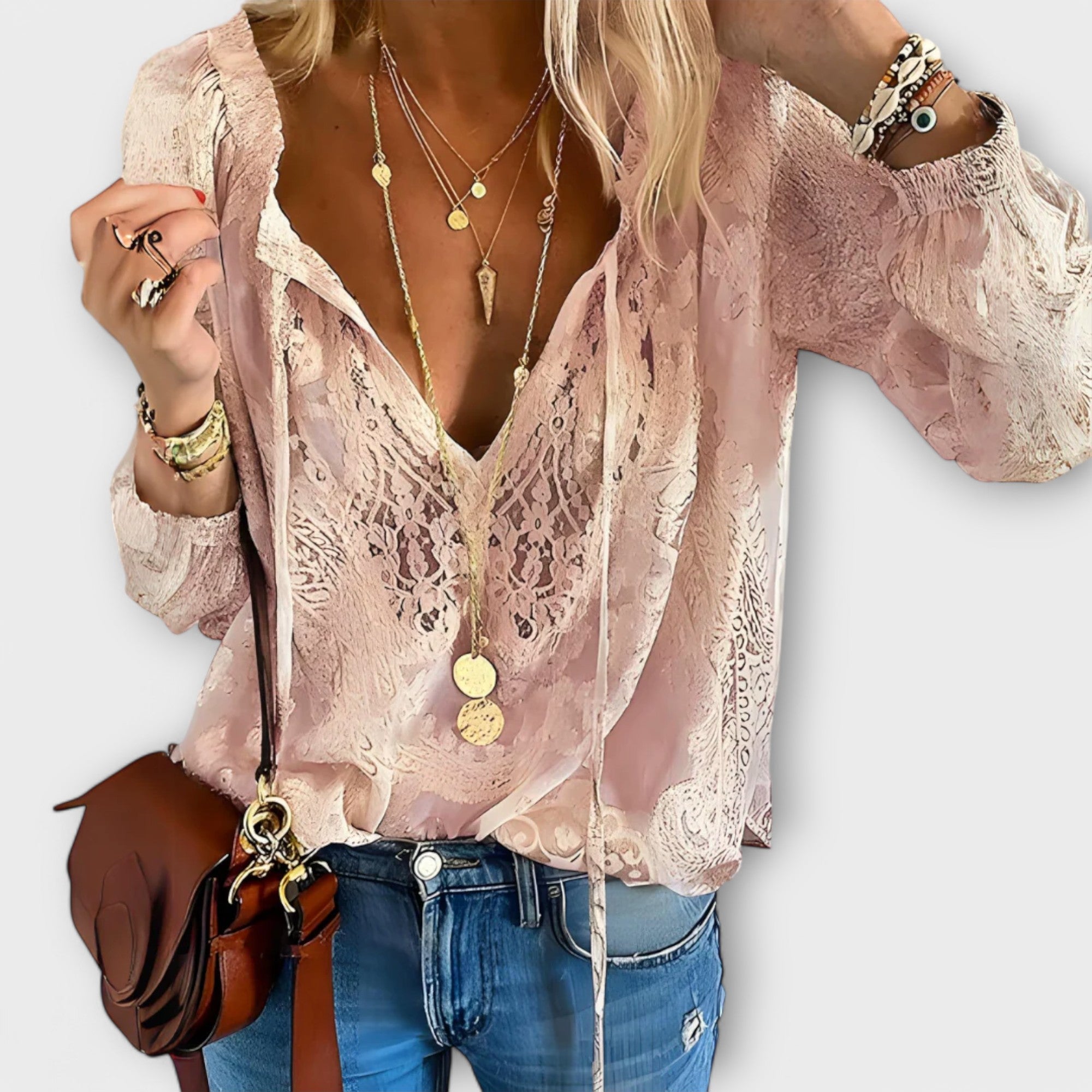 Lace Trim V-Neck Long Sleeve Blouse