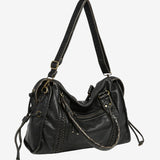 Women's Black Faux Leather Shoulder Bag with Zip Pockets