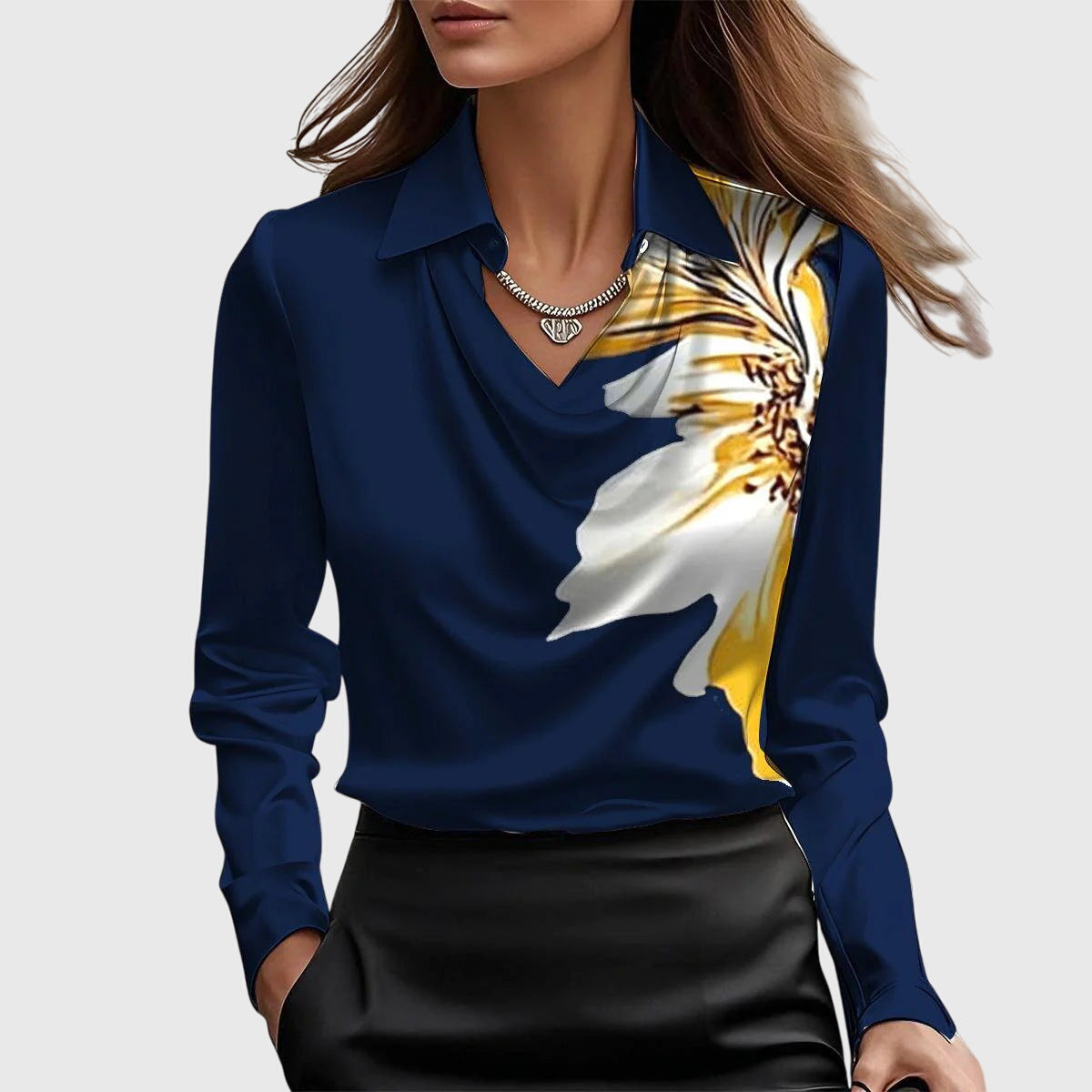 Cowl Neck Satin Long Sleeve Blouse