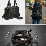 Women's Black Faux Leather Shoulder Bag with Zip Pockets