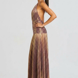 Pleated Halter High Slit Maxi Dress
