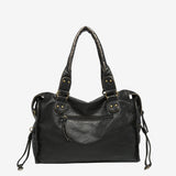 Women's Black Faux Leather Shoulder Bag with Zip Pockets