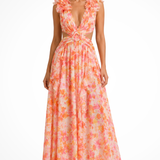 Women's Floral V-Neck Ruffle Maxi Dress