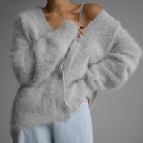Women's Fuzzy V-Neck Button-Front Cardigan