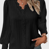 Pleated V-Neck Long Sleeve Blouse