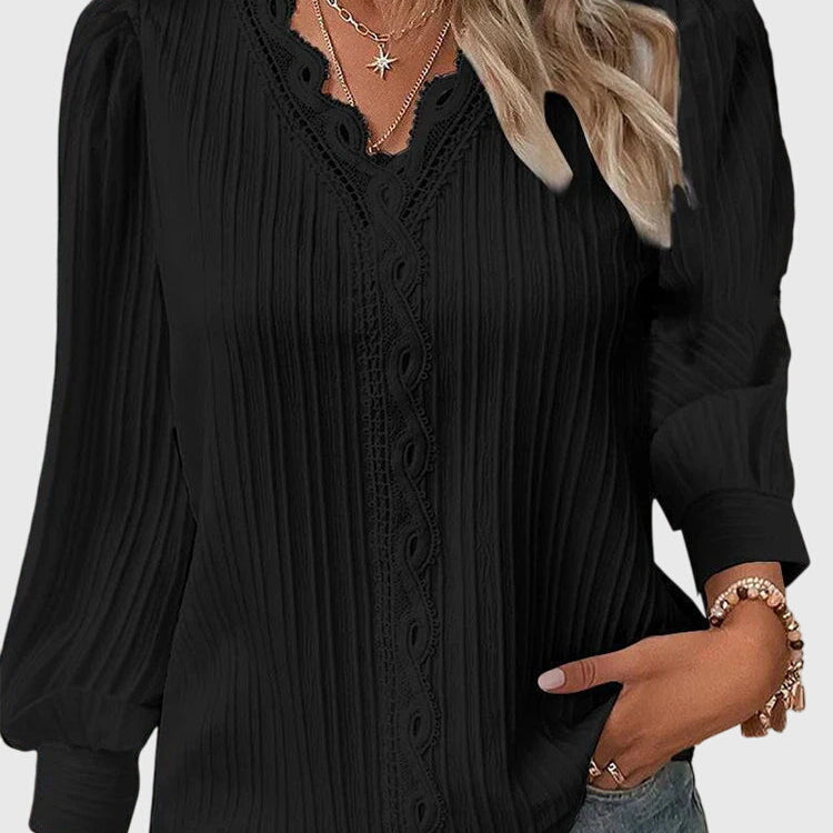 Pleated V-Neck Long Sleeve Blouse