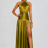 Pleated Halter High Slit Maxi Dress