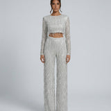 Women's Sequin Crop Top and Wide-Leg Trouser Set