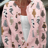 Women's Cat Print Button-Front Knit Cardigan
