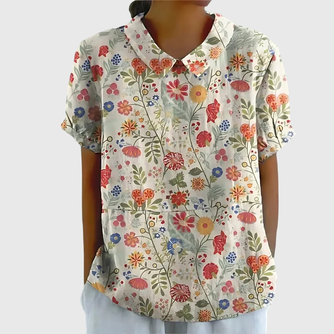Floral Print V-Neck Short Sleeve Blouse