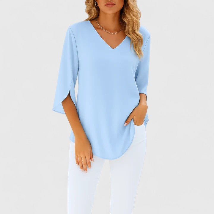 Relaxed V-Neck High-Low Tunic Blouse