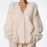 Women's Fuzzy V-Neck Button-Front Cardigan
