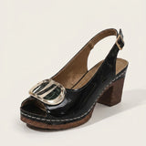 Women's Glossy Ankle Strap Cushioned Block Heels