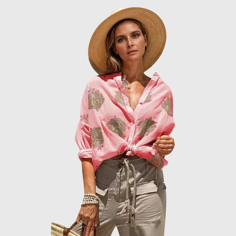 Botanical Print Collared Button Front Blouse