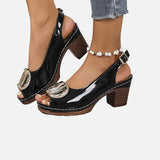 Women's Glossy Ankle Strap Cushioned Block Heels