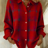 Women's Checked Button-Front Collared Knit Sweater