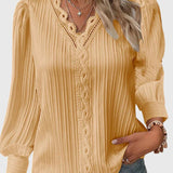 Pleated V-Neck Long Sleeve Blouse