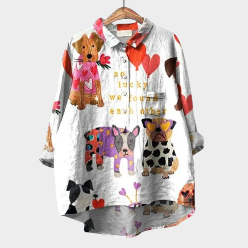 Artistic Print Oversized Button Front Blouse