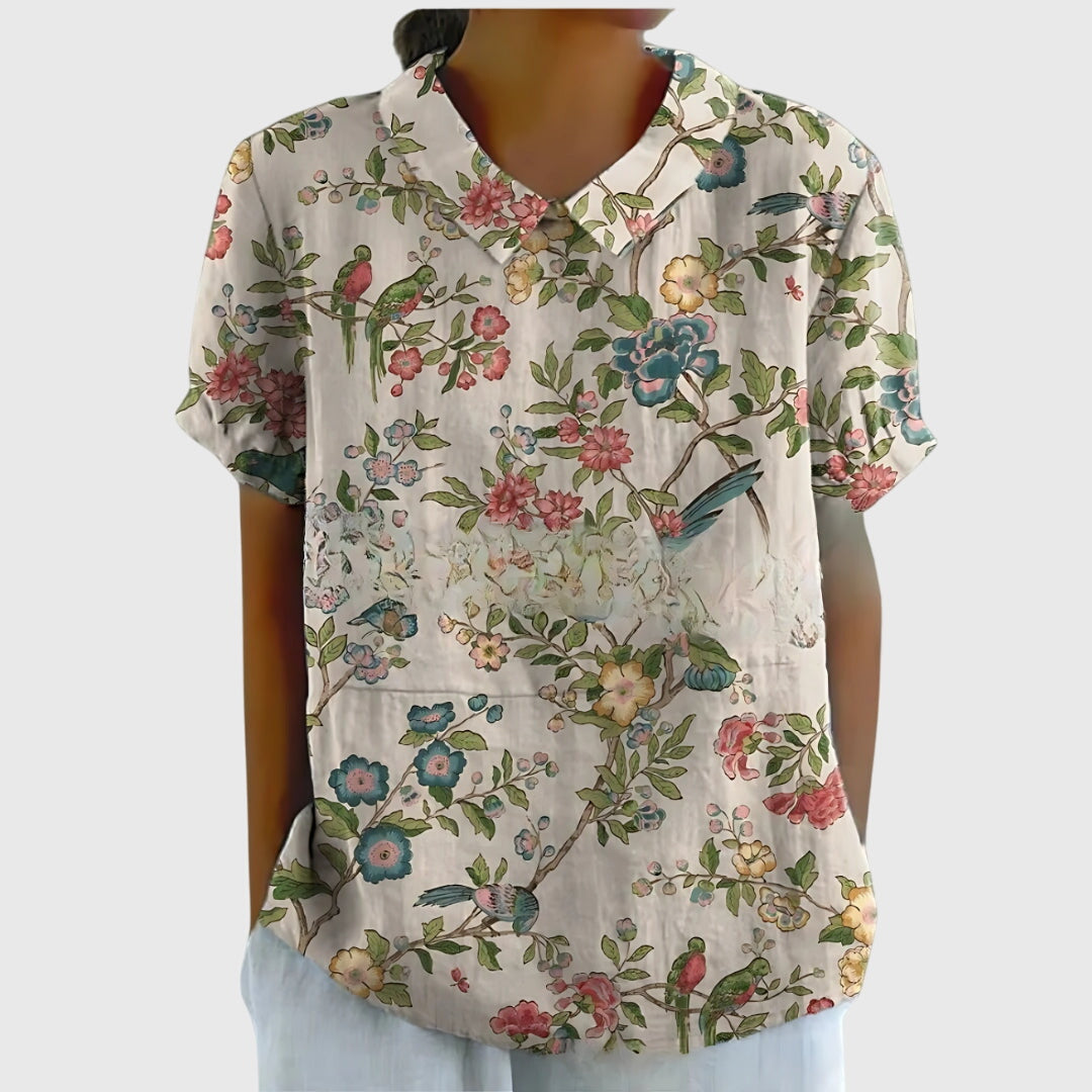 Floral Print V-Neck Short Sleeve Blouse