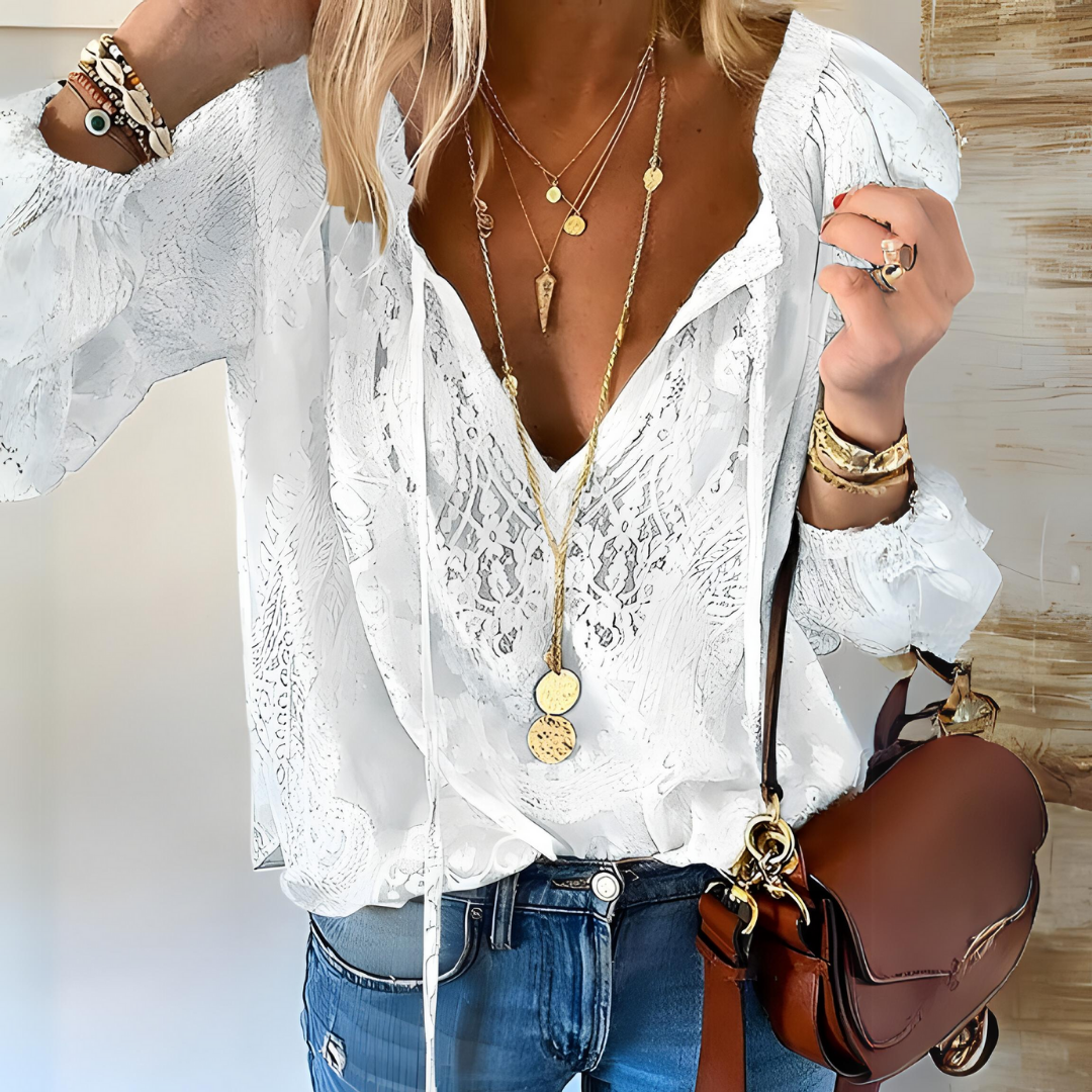 Lace V-Neck Long Sleeve Blouse